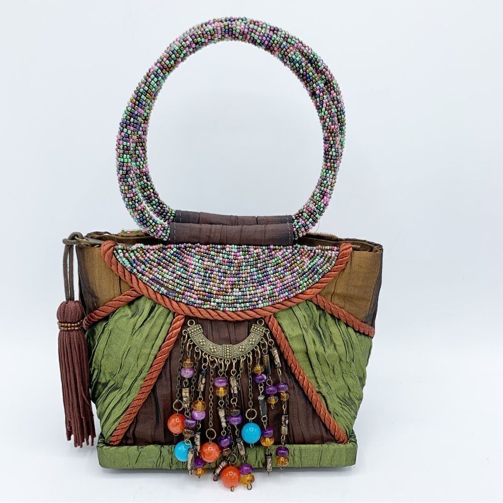 Vintage Prezzo Boho Multicolor‎ Beaded Fabric Handbag-Beaded Handle